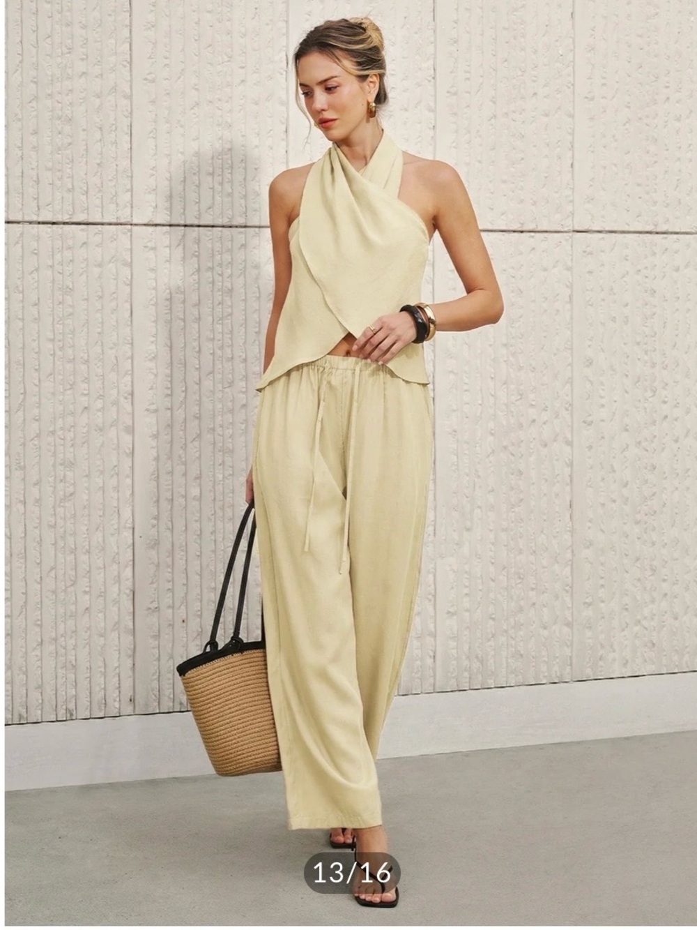 Commense Semi-Sheer Halter Neck Top & Wide Leg Pants Set Small